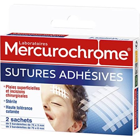 MERCUROCHROME Adhesive Sutures | Superficial Wounds, Surgical Incisions | Sterile | High Skin Tolerance | 2x5 Strips 75x3mm and 3 Strips 75x6mm