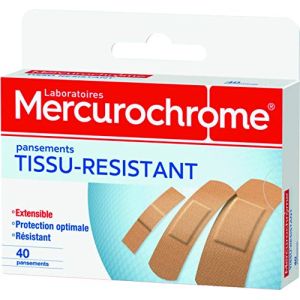 Mercurochrome - Pansements Tissu-Résistant, Protection Optimale, Hypoallergénique Confortable, Résistant Ultra-Extensible - La Boîte de 40 Pansements