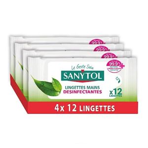 Sanytol - Lingettes Désinfectantes Hydratantes Mains - Bactéricide, Virucide, Fongicide - Sans Rinçage - Parfum Thé Vert - Format Compact Pratiquant