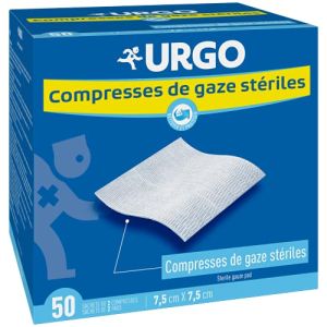 Urgo - Compresses de gaz stériles - Absorption - Boîte de 50 sachets de 2 compresses - 7,5cm x 7,5cm