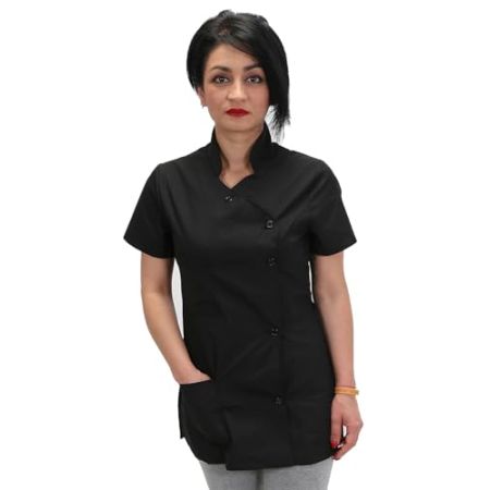 Women's Work Blouse for Beauticians Hair Salon Aesthetic Center Slim Short Sleeves Black X-Large