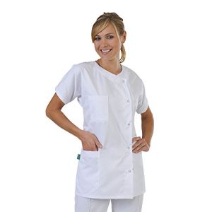 Hurry Jump Label Blouse Tunique médicale Col Rond 3 Poches Manches Courtes Piqué Aspect cotelé moderneCouleurs Blanc Pressions inoxydables Lavag...