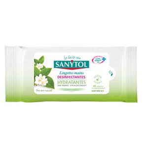 Sanytol - Lingettes Désinfectantes Hydratantes Mains - Bactéricide, Virucide, Fongicide - Sans Rinçage - Parfum Thé Vert - Format Compact Pratique