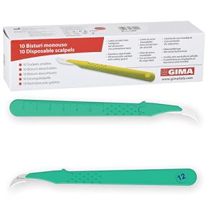 Gima - Stainless Steel Disposable Scalpels, ABS Handle, Sterile, Premium, Safety Blade Cover, Size no. 12, 10 Individually Packed Scalpels