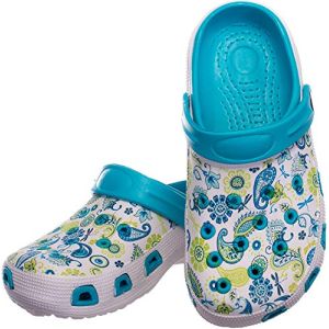 Brandsseller Sabots Femmes Chaussure de Jardin Pantoufle Plage Sandales Clogs Motif de Fleurs - Bleu/Blanc - 41 EU