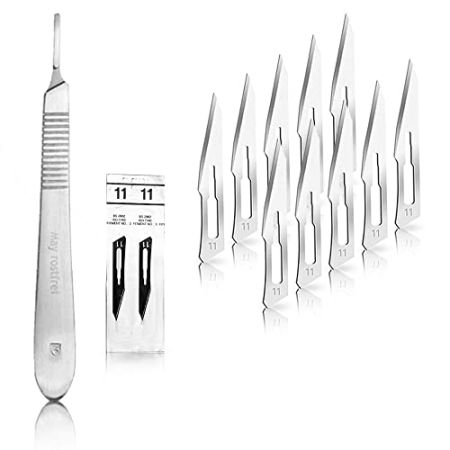 Set avec 10 x Lames de Scalpel n°11 - Lame Chirurgicale Stérile en Acier au Carbone et 1 x Manche de Scalpel Figure n°3 en Acier Inoxydable