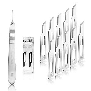 Set avec 10 x Lames de Scalpel n°15 Stériles en Acier au Carbone et Manche n°3 en Acier Inoxydable