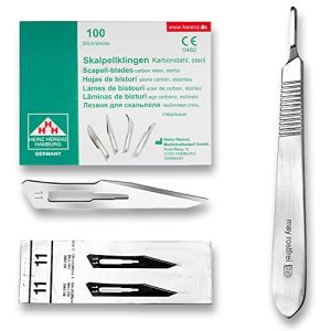 Set of 100 x No.11 Scalpel Blades - Sterile Carbon Steel Blade and No.3 Figure Scalpel Handle in Stainless Steel