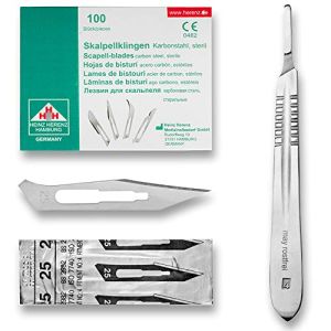 Set Avec 100 Lames de Scalpel N°25 - Lame Stérile en Acier au Carbone et Manche de Scalpel Figure N°4 en Acier Inoxydable May