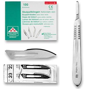 Set Avec 100 x Lames de Scalpel N° 23 - Lame Stérile en Acier au Carbone et 1 x May - Manche de Scalpel Figure N° 4 en Acier Inoxydable