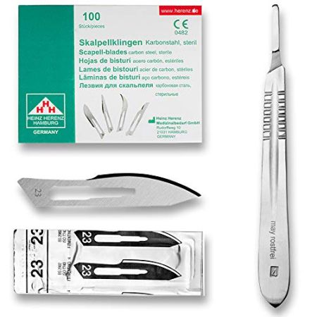 Set Avec 100 x Lames de Scalpel N° 23 - Lame Stérile en Acier au Carbone et 1 x May - Manche de Scalpel Figure N° 4 en Acier Inoxydable