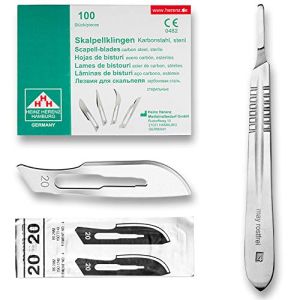 Set avec 100 x Lames de Scalpel N°20 - Lame Stérile en Acier au Carbone et Manche de Scalpel Figure N°4 en Acier Inoxydable