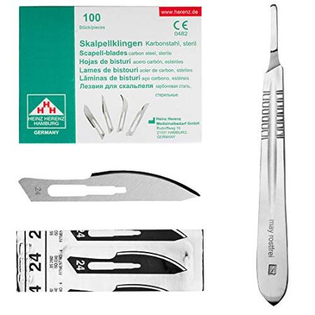 Set Avec 100 x Lames de Scalpel N° 24 - Lame Stérile en Acier au Carbone et 1 x May - Manche de Scalpel Figure N° 4 en Acier Inoxydable