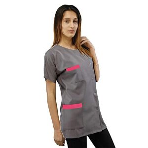 Hurry Jump Short Work Blouse Ideal for Beauticians Gray with Fuchsia Trim