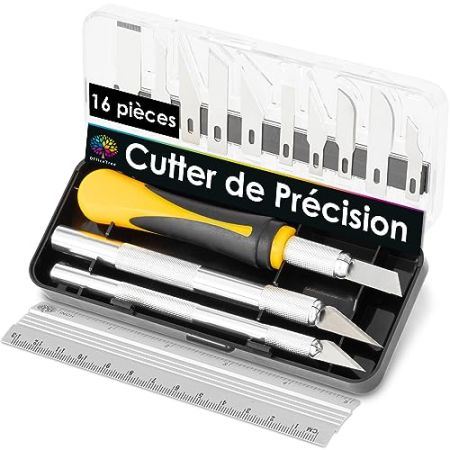 OfficeTree Scalpel de Découpe Set - 16 Pièces - Cutter de Précision avec 3 Scalpels de Précision Différents et 13 Lames