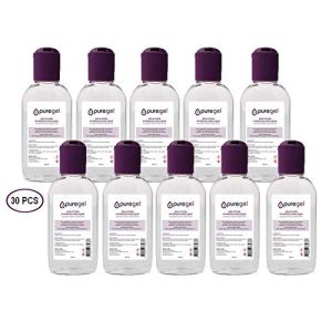 30 Flacons de Solution Hydro-Alcoolique pour les mains, Puregel, avec bouchon réducteur Mauve, 30 X 100ml, Lotion désinfectante