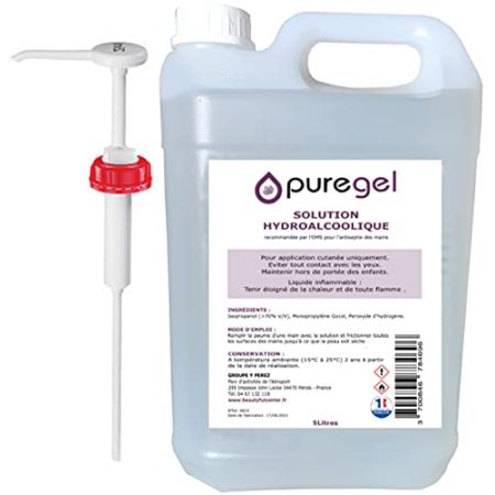 BeautyfulCenter | Puregel | Solution Hydro-Alcoolique Main Bidon de 5Litre + Pompe doseuse 25ml, Lotion désinfectante main PURGEL- Fabrication Fra...