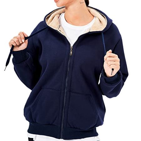 LBL Women's Fleece Hoodie Warm Zipped Sweatshirt Long Sleeves for Winter Navy Blue M