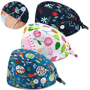 3 Pièces Bonnet Gommage Bouffant Colorée Turban Imprimé Couvre-Cheveux Réglable Casquette avec Boutons et Coton Bandeau de Sueur pour Femmes Ho...