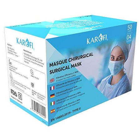 KAROFI - Masques Chirurgicaux Type II Médical, 4 Couches, BFE > 98%, testés et approuvés, certifiés CE EN14683 : 2019, boîte 50 pcs