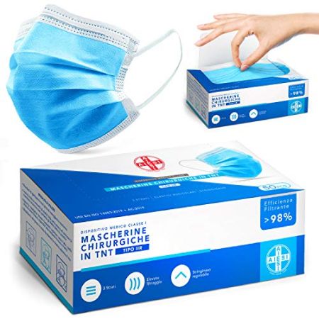 AIESI® Masques chirurgicaux certifiés en TNT à 3 couches jetable couleur bleu clair avec élastiques type IIR (Paquet de 50 pièces), Dispositif...