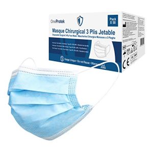 50 Masque chirurgical jetable OneProtek - 3 Couches Type 2R IIR Médical - Certifiés CE EN14683 - Confortables et élastiques résistants