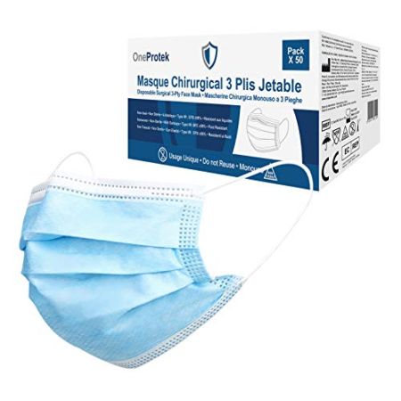 50 Masque chirurgical jetable OneProtek - 3 Couches Type 2R IIR Médical - Certifiés CE EN14683 - Confortables et élastiques résistants