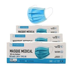 HYDROMED 150 pièces Masque Chirurgical EN14683:2019 TYPE IIR 3 Boites de 50 (1 sachets de 50/Boite) NORME CE Filtration bactérienne 98%…