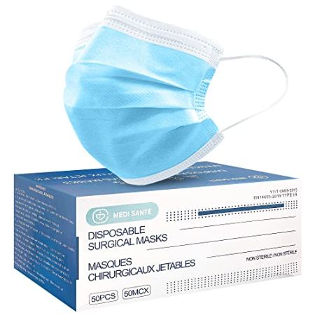 MEDI SANTÉ Lot de 50 Masque Chirurgical médical Masque de Protection Masque jetable Type 2R EN14683 BFE>99% 3 Plis