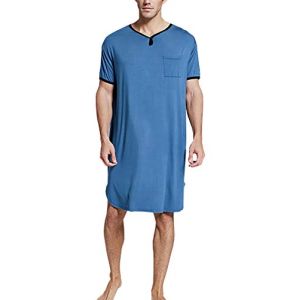 FEOYA Homme Chemises De Nuit En Coton Manches Courtes Col V Pyjamas Pour Hôpital Et Maison - Bleu XL