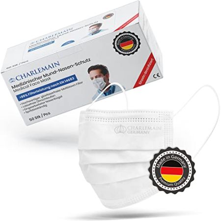 Masque chirurgical Charlemain 50x, Blanc, MADE IN GERMANY, EN 14683 type IIR, certifié CE, protection buccale et nasale médicale, BFE > 99%, 3 pl...