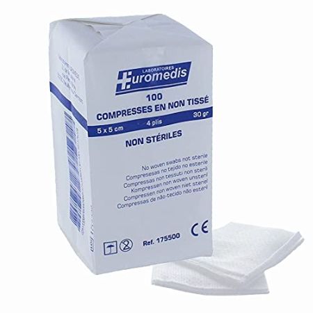 Compresses non tissés non stériles 5x5cm 30gr – Euromedis - Sachet de 100