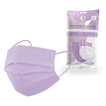 10 Masque chirurgical couleur jetables OneProtek - Lilas Type 2R IIR Médical EFB ≥98% - Certifié CE EN 14683 - Confortable et élastiques rési...