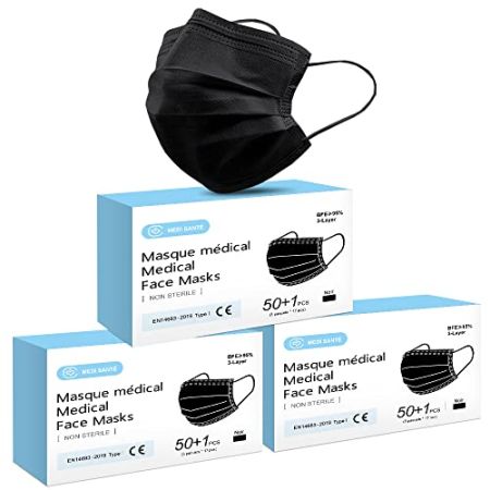 MEDI SANTÉ Lot de 153 Masque Chirurgical Noir Masque Médical Jetable Masque de Protection Adulte Type 2r EN14683-2019, BFE≥98%, 3 Plis