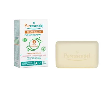 Puressentiel Savon Pain Surgras Aux 3 Huiles Essentielles BIO - Antibactérien - Visage, Mains et Corps - Peaux Sèches, Sensibles et Réactives