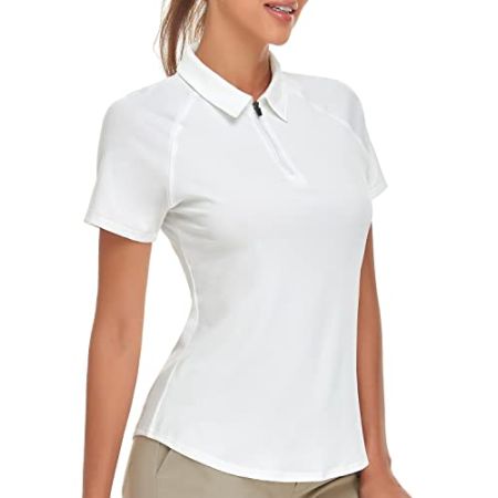 Soneven Polo Femme Manches Courtes avec 1/4 Zipper Sport Tennis Golf Hauts Performance Slim Fit Polo Shirt Femme t-Shirts à Manches Courtes Blanc L