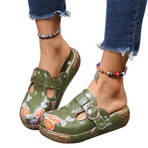 Onsoyours Sabots Femme Compensés Clogs Mules Plates Plateforme Sandales en Cuir Été Pantoufles Chaussures Confort pour Pieds Larges À Vert 37 EU