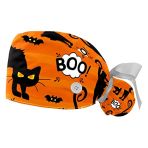 DHH166 Lot de 2 bonnets chirurgicaux unisexes pour femme avec bandeau absorbant pour Halloween, chat boo orange, Multicolore 1, taille unique