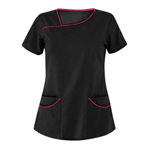 Solid Color Aesthetician Tunic Blouse with Irregular Collar and Short Sleeves with Pockets