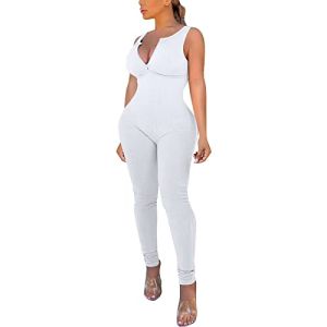 GETOUT Women's Washable Sexy Tight Solid Color Tank Top Half Zip Halter Back Pants Jumpsuit Romper Pajama Set