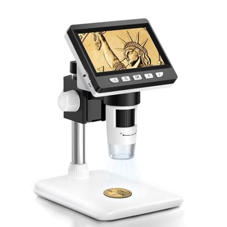 AOPICK Digital Microscope, 4.3'' IPS Microscope with 50X-1000X Magnification, 1080P FHD Coin Microscope with 8 LED Lights and Rechargeable Battery