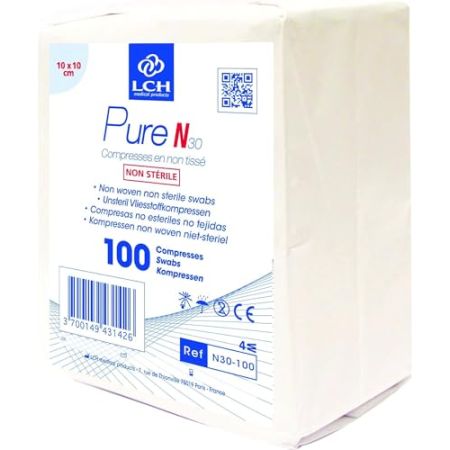 LCH - Lot de 10 - Compresses non tissées non stériles 10x10cm 30G 4 plis LCH (sachet de 100)