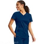 Tunique Cherokee À Col En V Pour Femme Douce Bien Ajustée Avec Maille Respirante Fentes Latérales Détails En Tricot Et Ourlet Type Shirttail - Bleu Marine