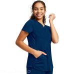 Tunique Cherokee À Col En V Pour Femme Douce Bien Ajustée Avec Maille Respirante Fentes Latérales Détails En Tricot Et Ourlet Type Shirttail - Bleu Marine