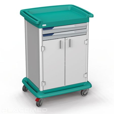 ES10 Lightweight and Versatile Change Trolley with Integrated Bumper Raised Worktop and Epoxy-Painted Steel Shelf - With Doors and 2 Drawers H. 76 mm