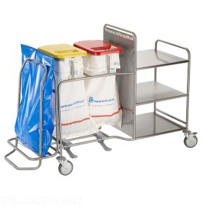 Chariot De Collecte Du Linge Sale Et De La Distribution Du Linge Propre ISEO Trio 3 Étagères Inox 2 Porte-Sacs Inox Avec Pédales et Wasty