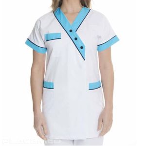 Veste Médicale BYZANCE - Tunique Femme Blanche et Bleu Azur - Tailles 00 à 7