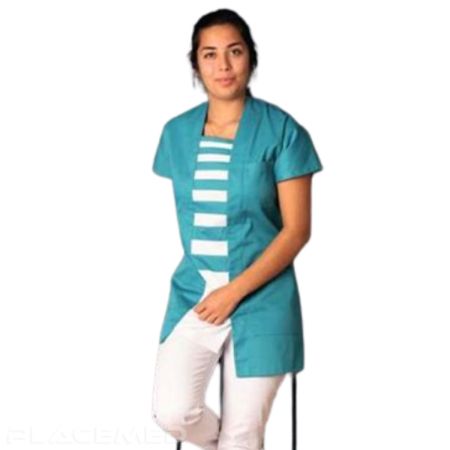 Tunic for Women SELMA in Serged Fabric - Side Closure with 7 Stainless Steel Buttons - Trapezoid Neckline - Indigo and White