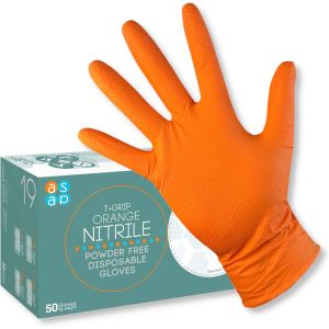 ASAP T-Grip ORANGE Gants jetables en nitrile sans poudre, 8,5g DIAMANT texturé - Boîte de 50 (L)