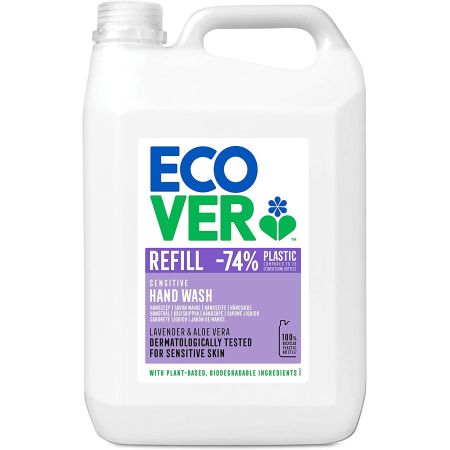 Ecover Recharge Savon Mains, Spécial Peaux Sensibles, Parfum Lavande et Aloe Vera, Bouteille Recharge de 5 Litres